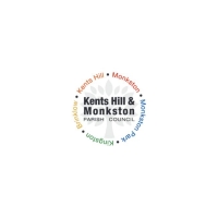 Logo for Kents Hill & Monkston Parish Council, with a tree in the center. Surrounding text includes "Kents Hill," "Monkston," "Monkston Park," "Kingston," and "Brinklow" in a circular design.