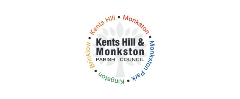 Logo for Kents Hill & Monkston Parish Council, with a tree in the center. Surrounding text includes "Kents Hill," "Monkston," "Monkston Park," "Kingston," and "Brinklow" in a circular design.