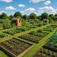 A lush community garden features neatly arranged vegetable plots with vibrant green plants. There are a couple of small wooden sheds and a greenhouse. The sky is clear with a few fluffy clouds, creating a serene and productive atmosphere.
