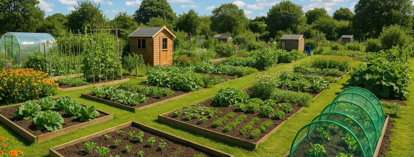 A lush community garden features neatly arranged vegetable plots with vibrant green plants. There are a couple of small wooden sheds and a greenhouse. The sky is clear with a few fluffy clouds, creating a serene and productive atmosphere.